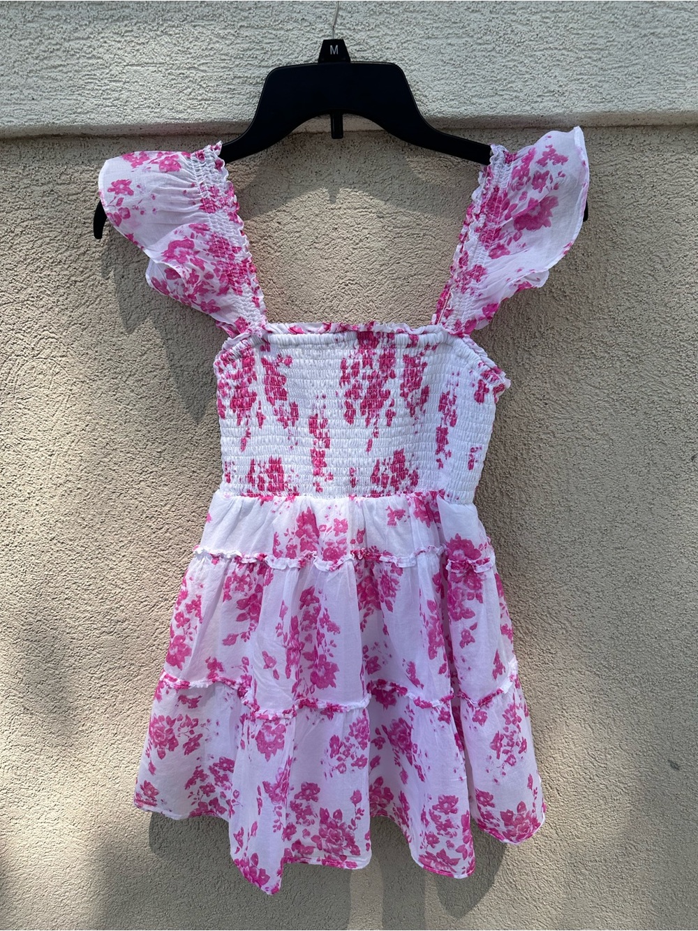 Rare Editions White Dress with Pink Floral Print and Smocked Bodice EUC